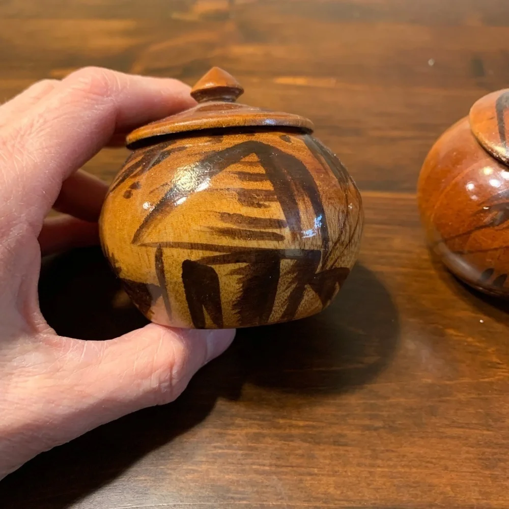 (2) Decorative Hand Carved Turned Wood Bowls with Finial Knob Lids from Haiti